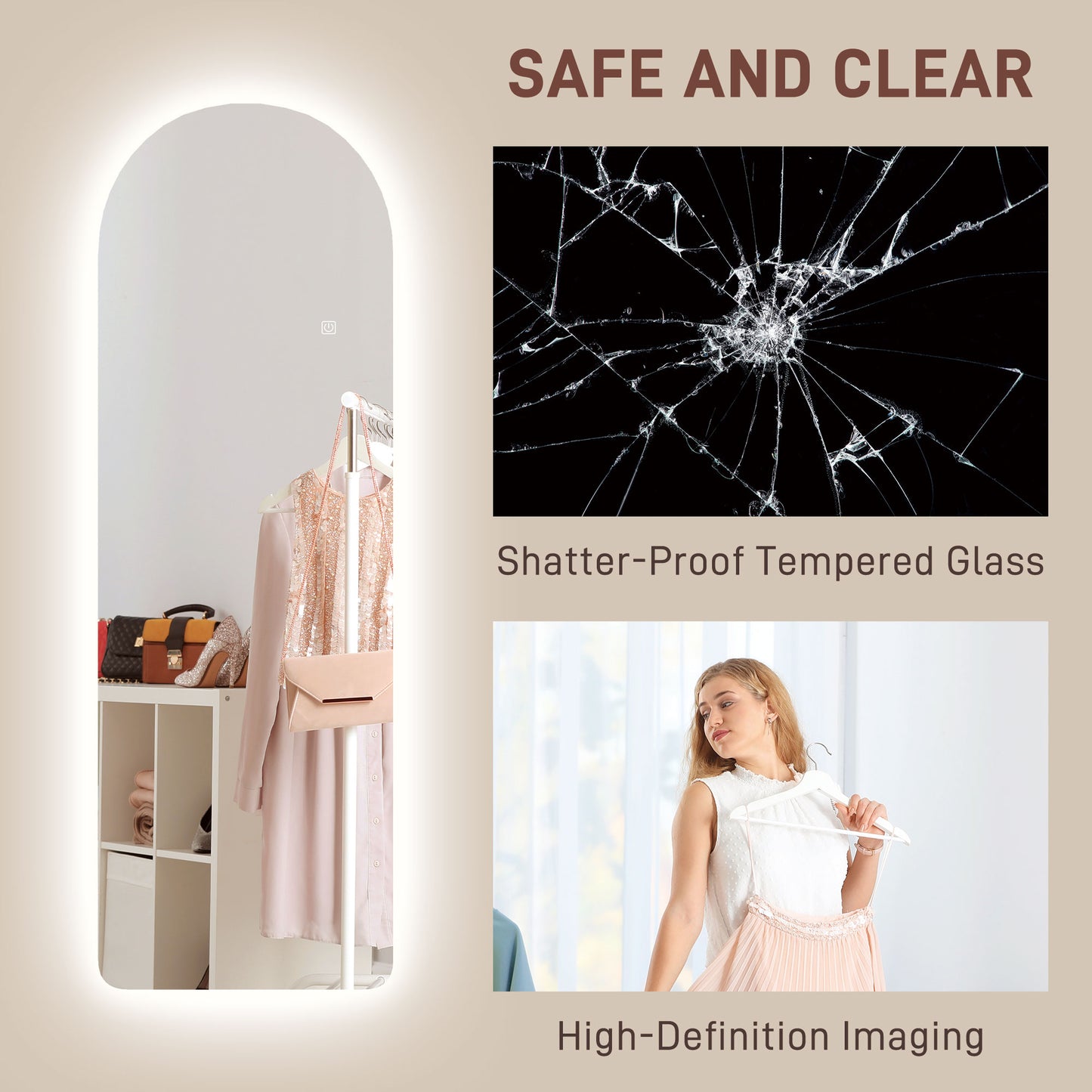 Full Length Wall Mirror with Lights Dimming and 3 Colour Adjustable