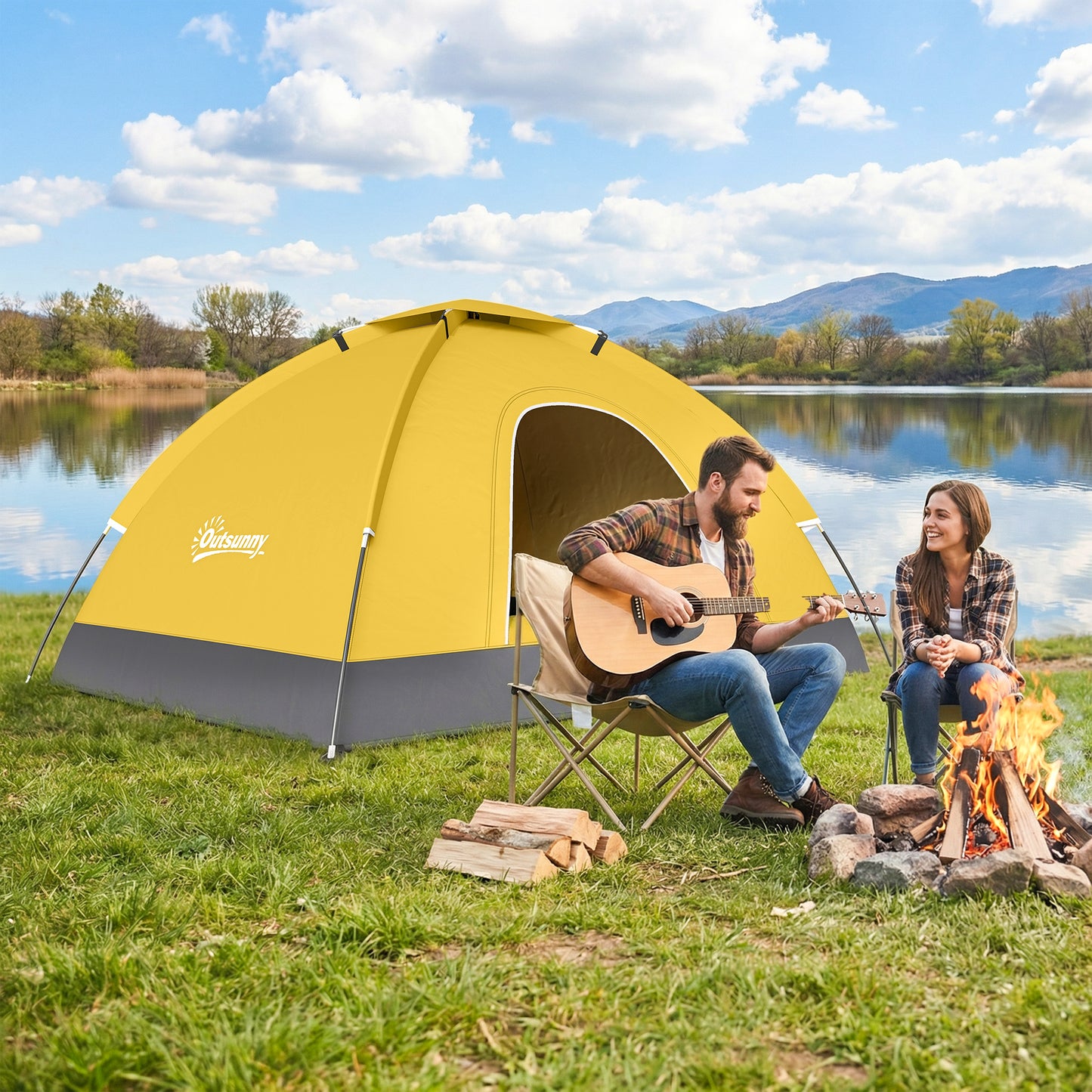 2 Person Camping Tent, Dome Tent with Storage Pocket, Yellow