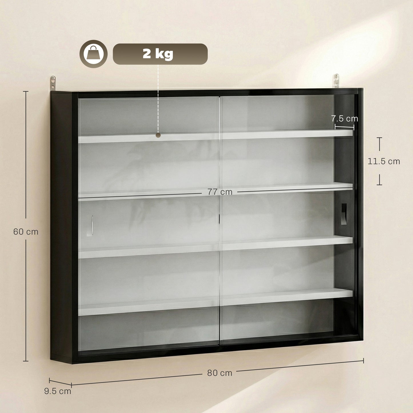 5-Tier Wall Display Shelf Cabinet with Glass Doors, Black and White