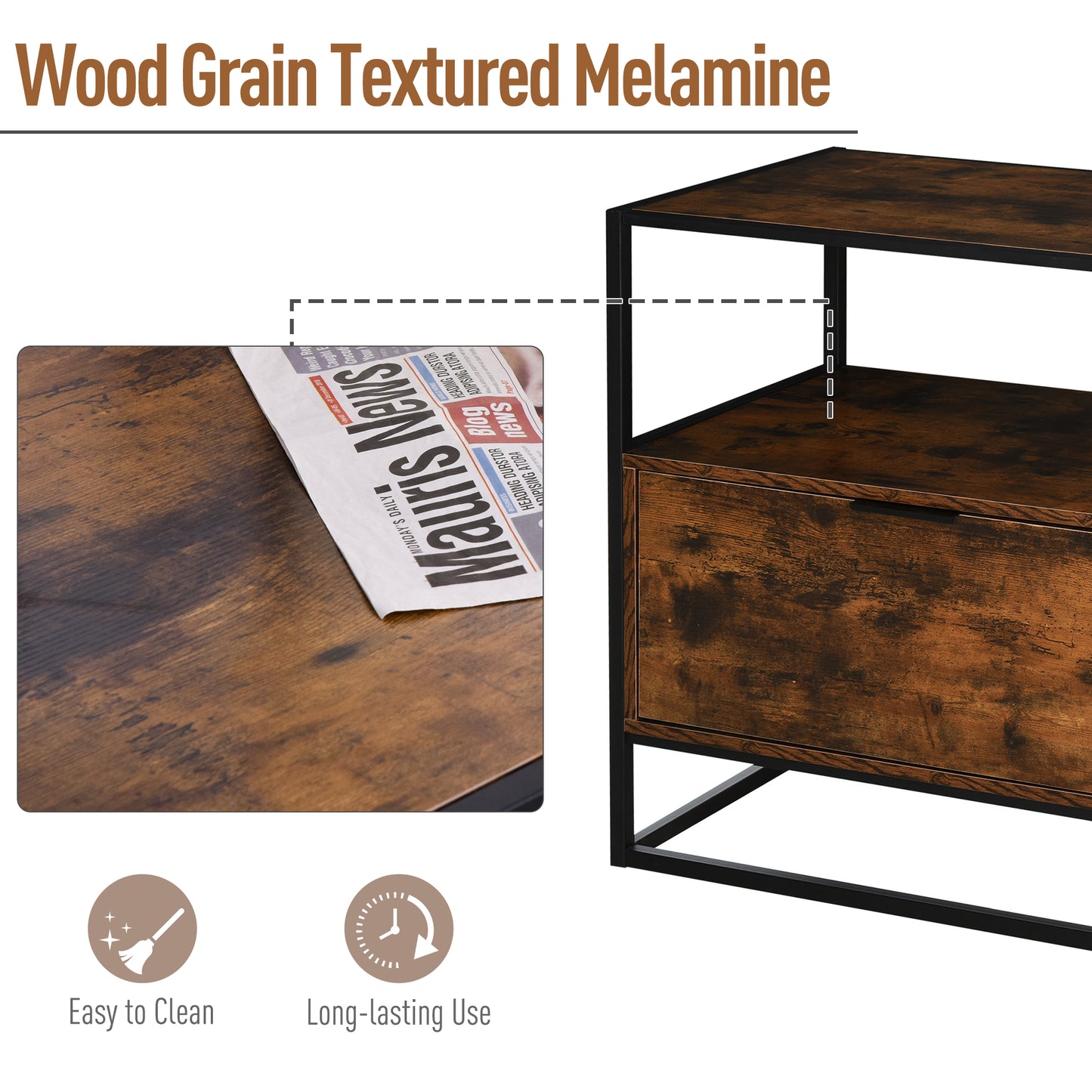 Industrial-Style Side Table w/ Drawer Open Shelf Steel Frame Base Retro