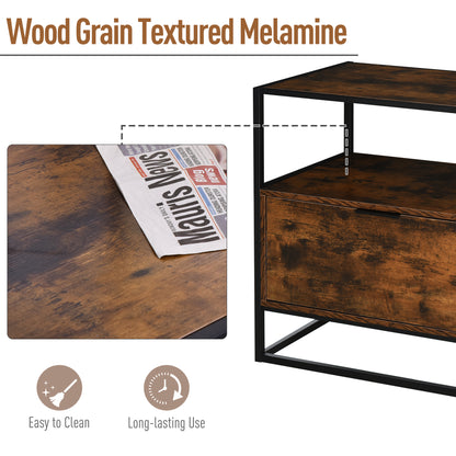 Industrial-Style Side Table w/ Drawer Open Shelf Steel Frame Base Retro
