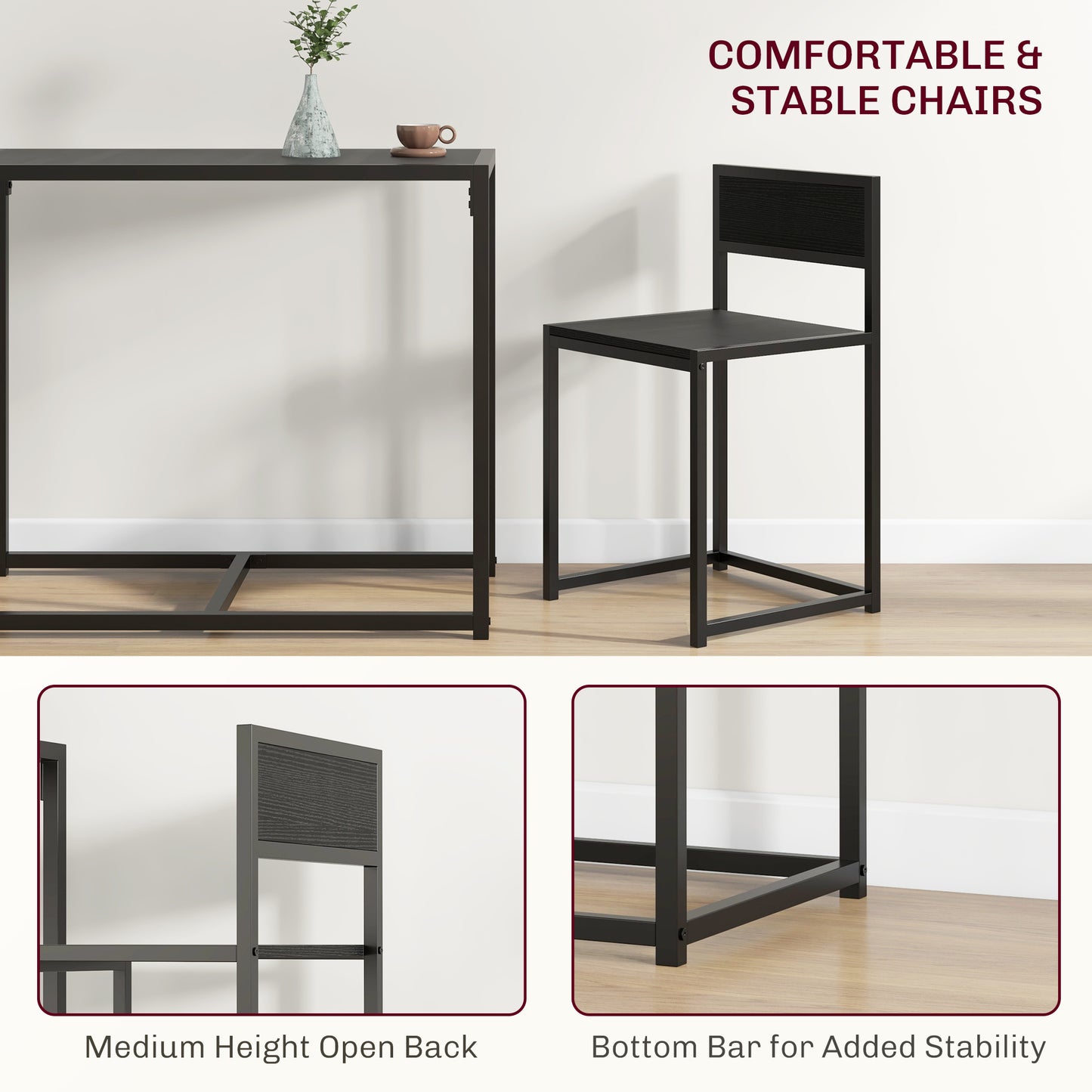 3 Piece Dining Table Set with Metal Frame, Black
