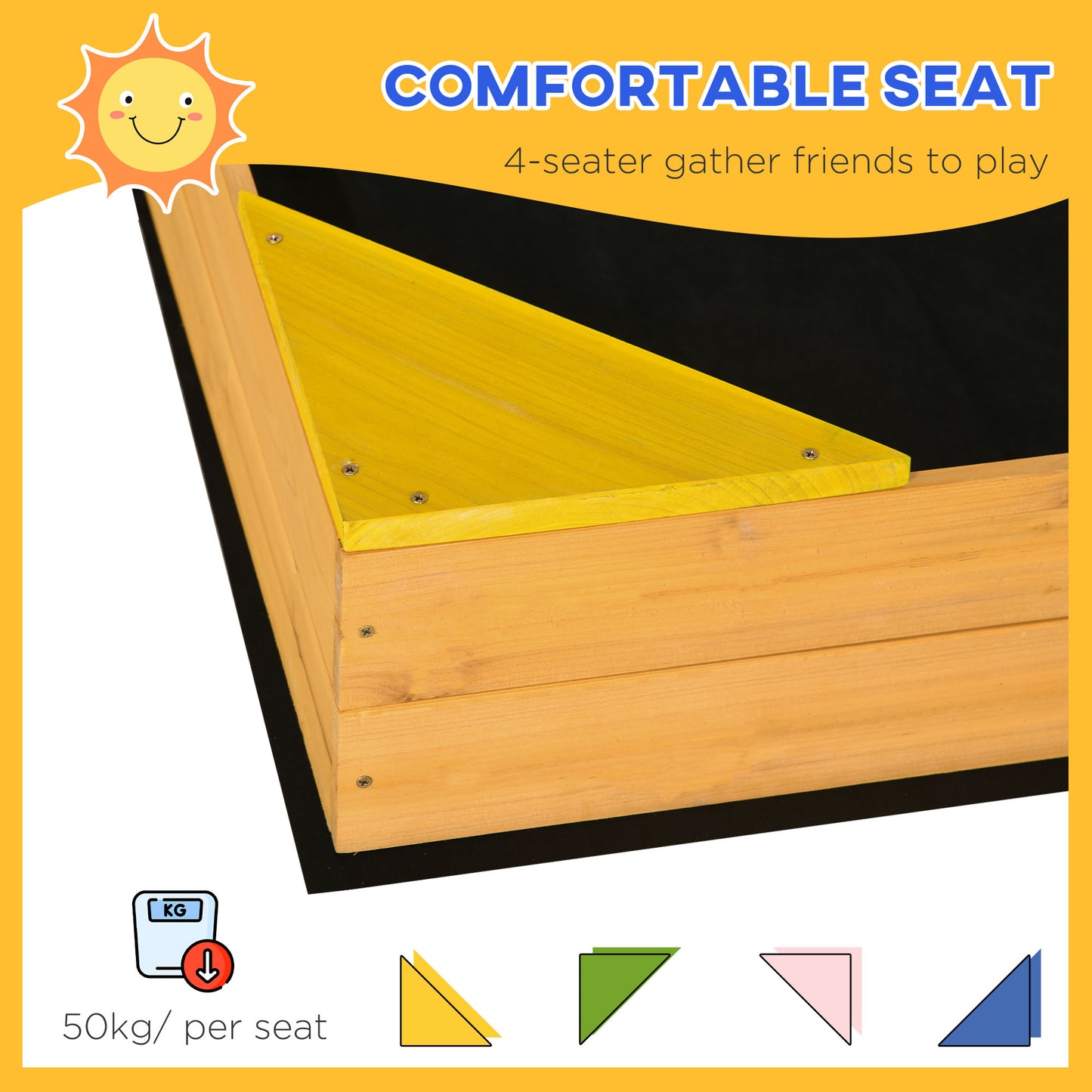 Kids Wooden Sand Pit Sandbox w/ Seats, for Gardens, Playgrounds