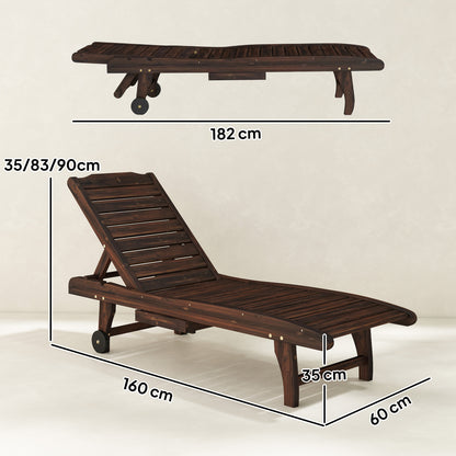 Wooden Sun Lounger Outdoor Patio Sun Bed w/ Pull-out Table