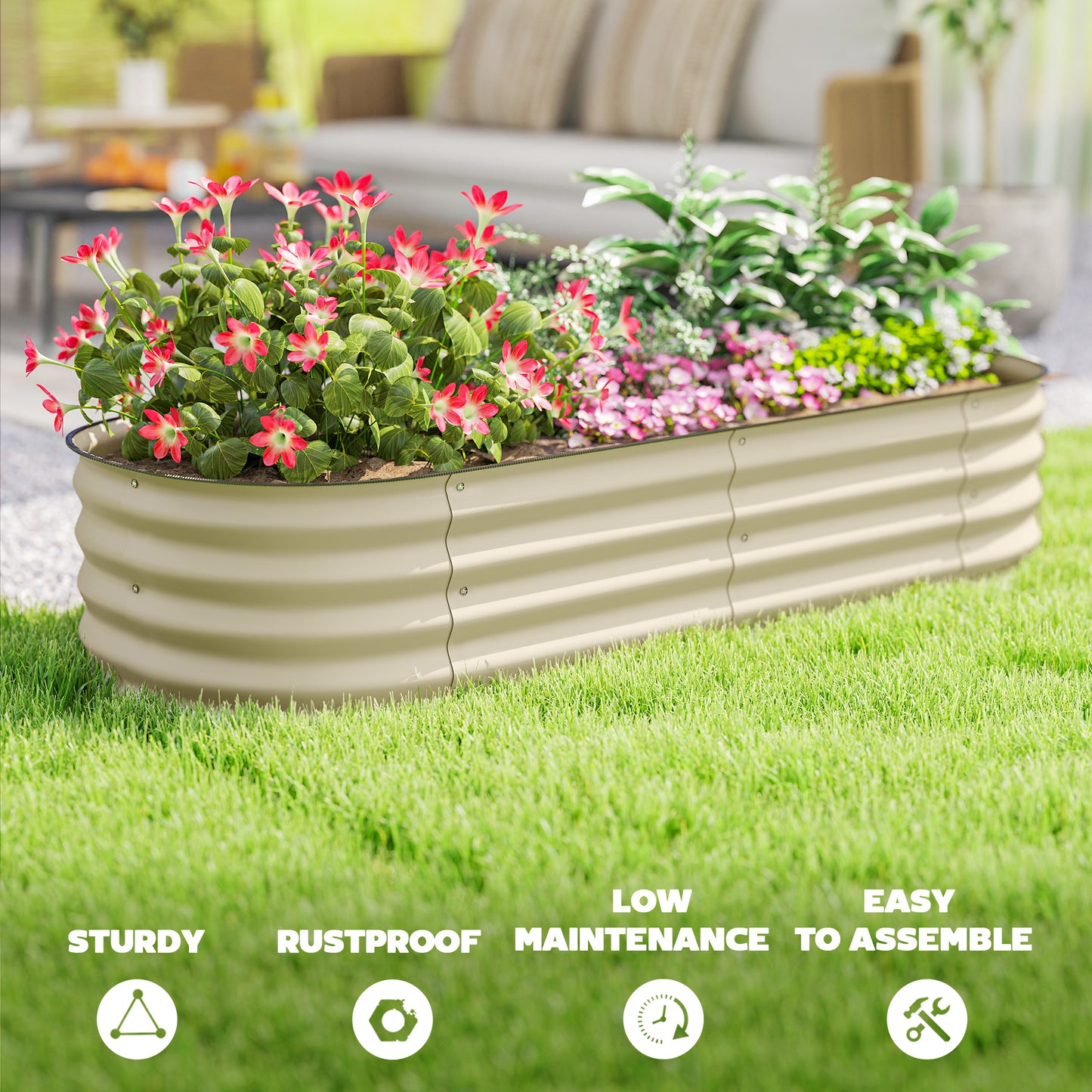 Galvanised Raised Garden Bed with Safety Edging, Cream White