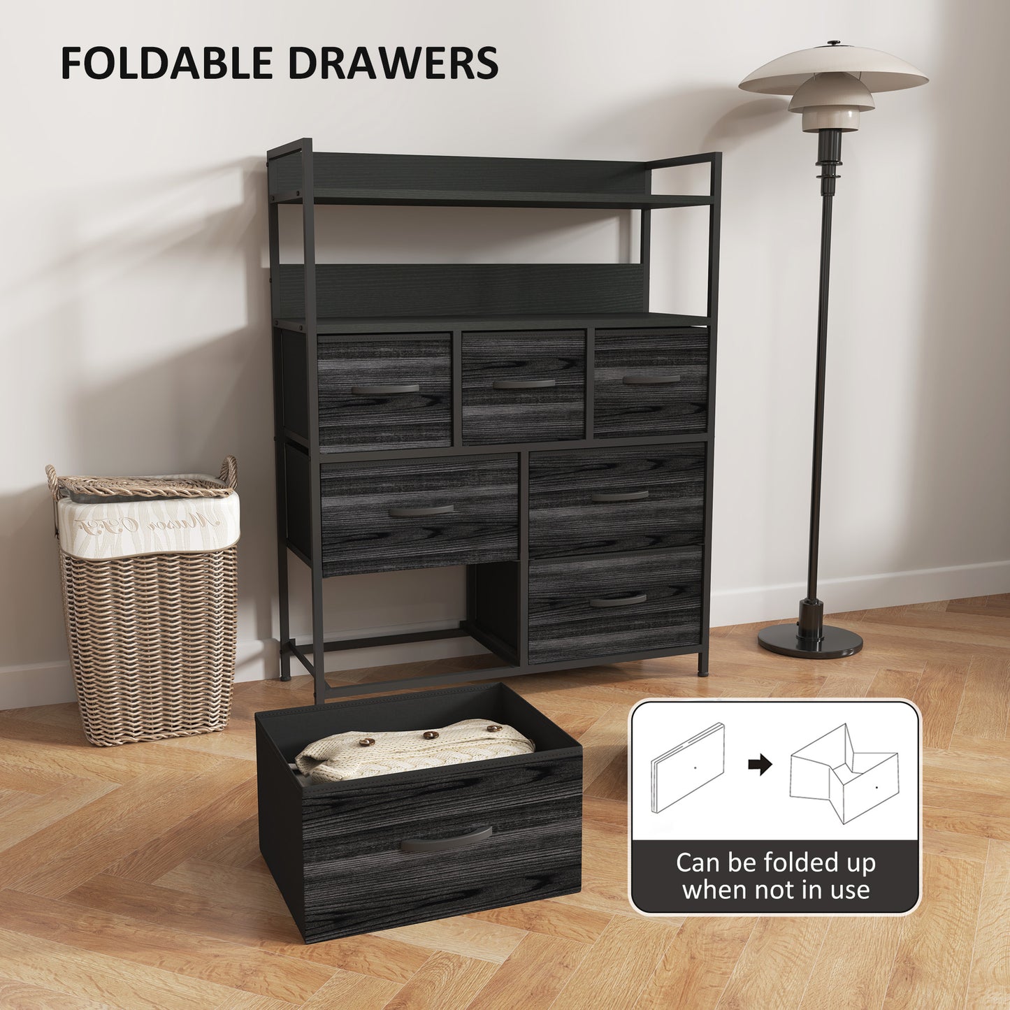 Bedroom Chest of Drawers 7 Drawer Dresser w/ Shelves, Black
