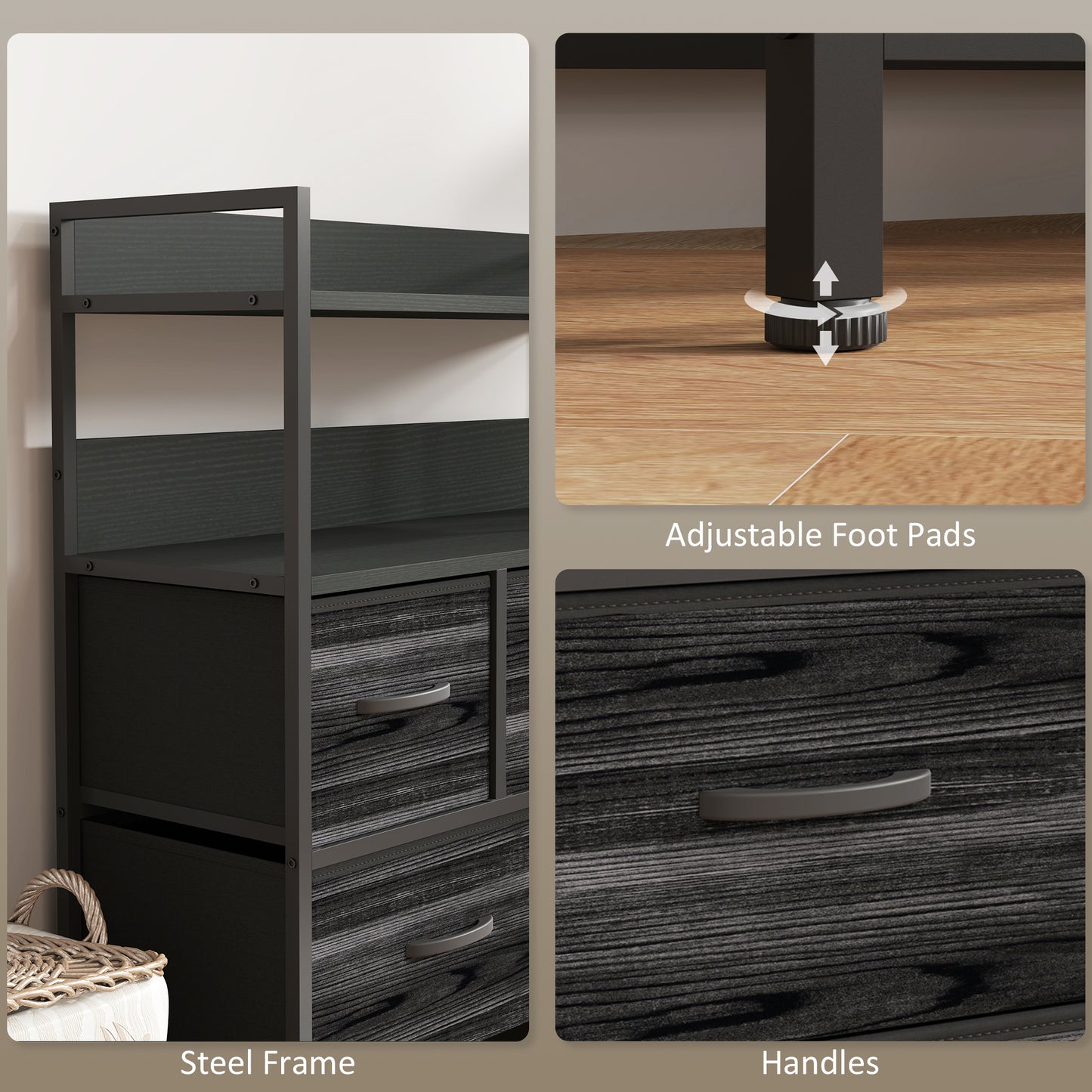Bedroom Chest of Drawers 7 Drawer Dresser w/ Shelves, Black