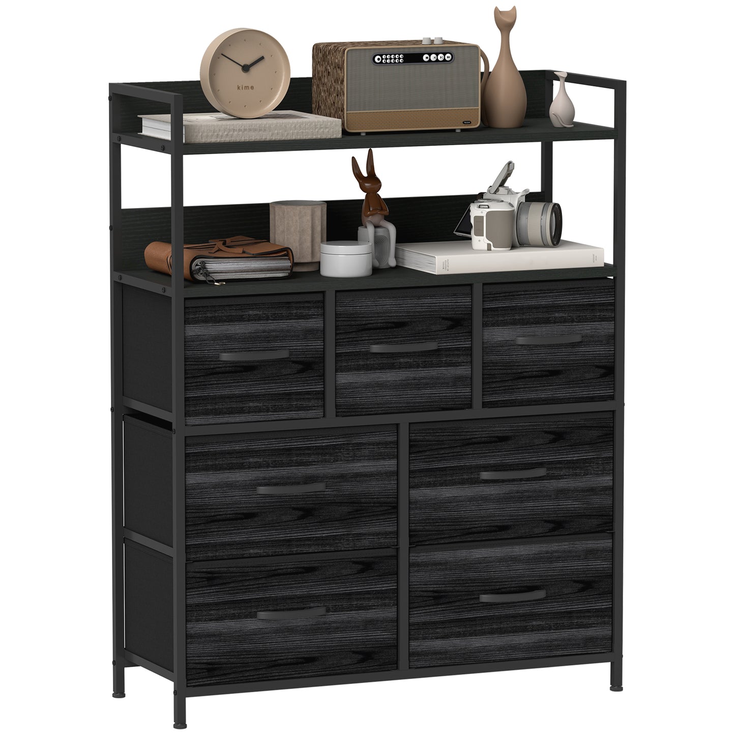 Bedroom Chest of Drawers 7 Drawer Dresser w/ Shelves, Black