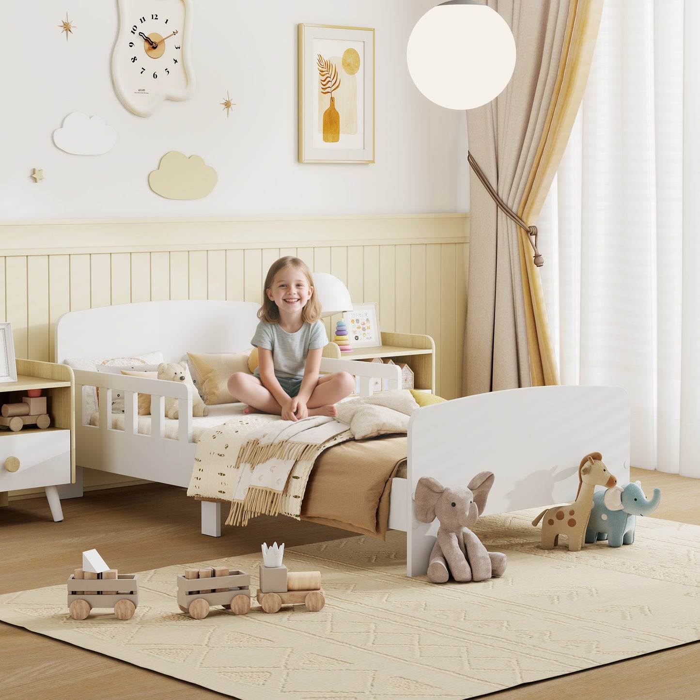 Kids Toddler Bed Frame with Safety Side Rails for 3-8 Years, White