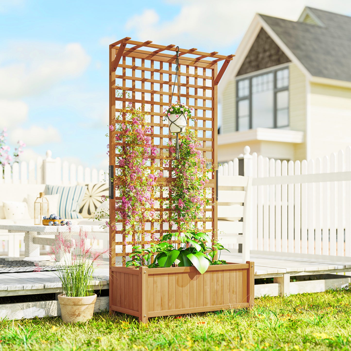 Wood Planter with Trellis for Climbing Plants Planter Box Yellow