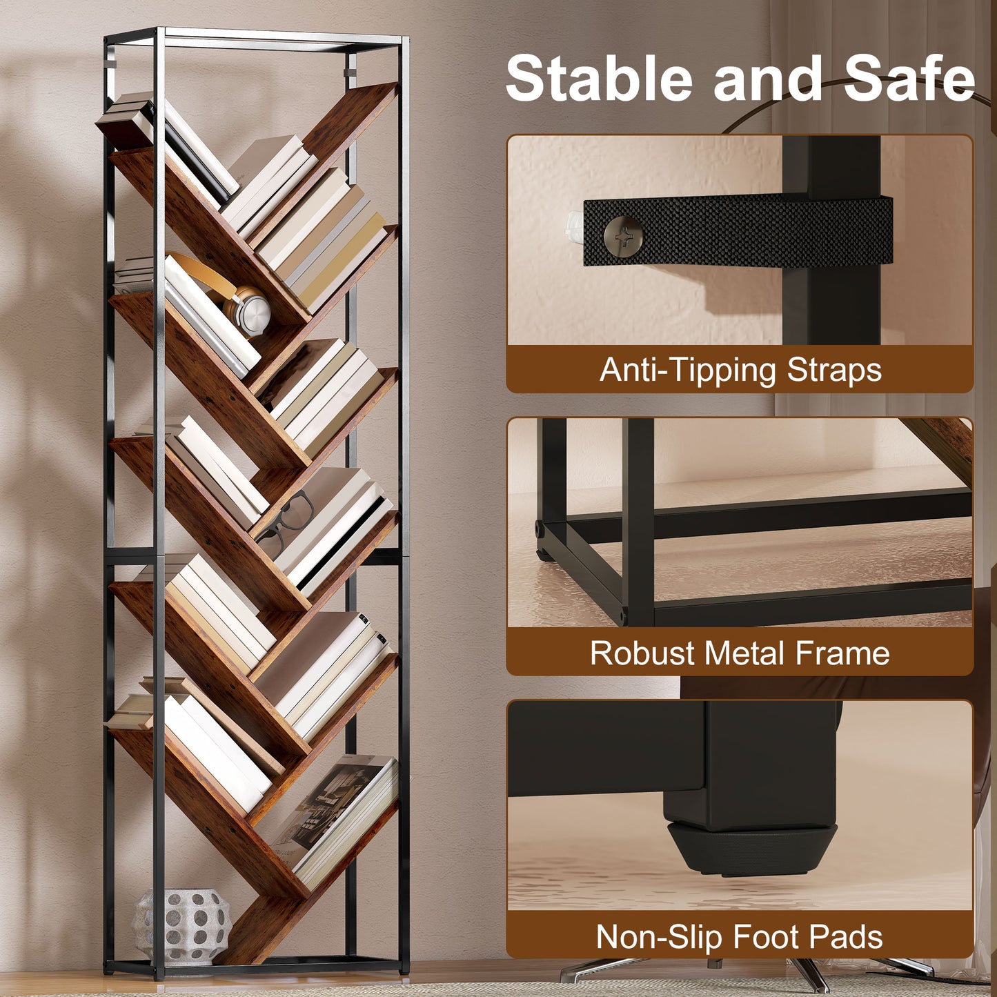 10 Tier Tree Bookshelf Industrial Tall Bookcase Rustic Brown Black