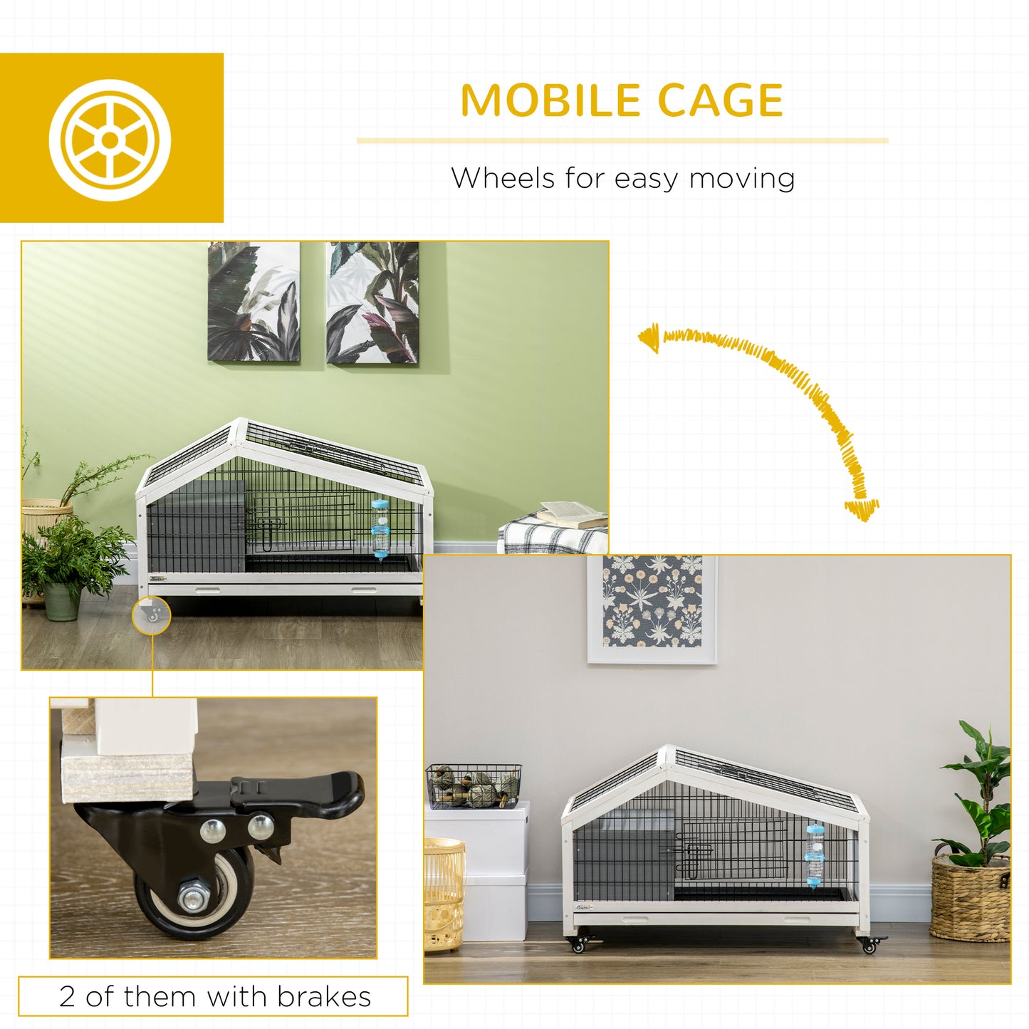 Rabbit Cage with Water Bottle, Wheels, Plastic Slide-Out Tray - Dark Grey