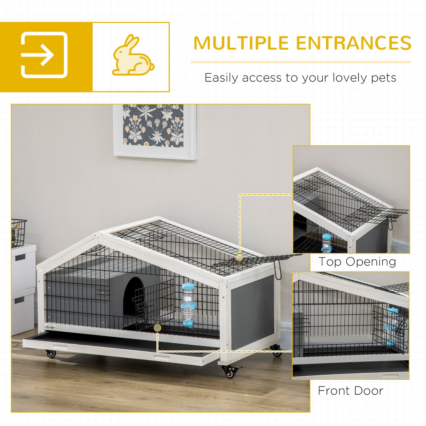Rabbit Cage with Water Bottle, Wheels, Plastic Slide-Out Tray - Dark Grey