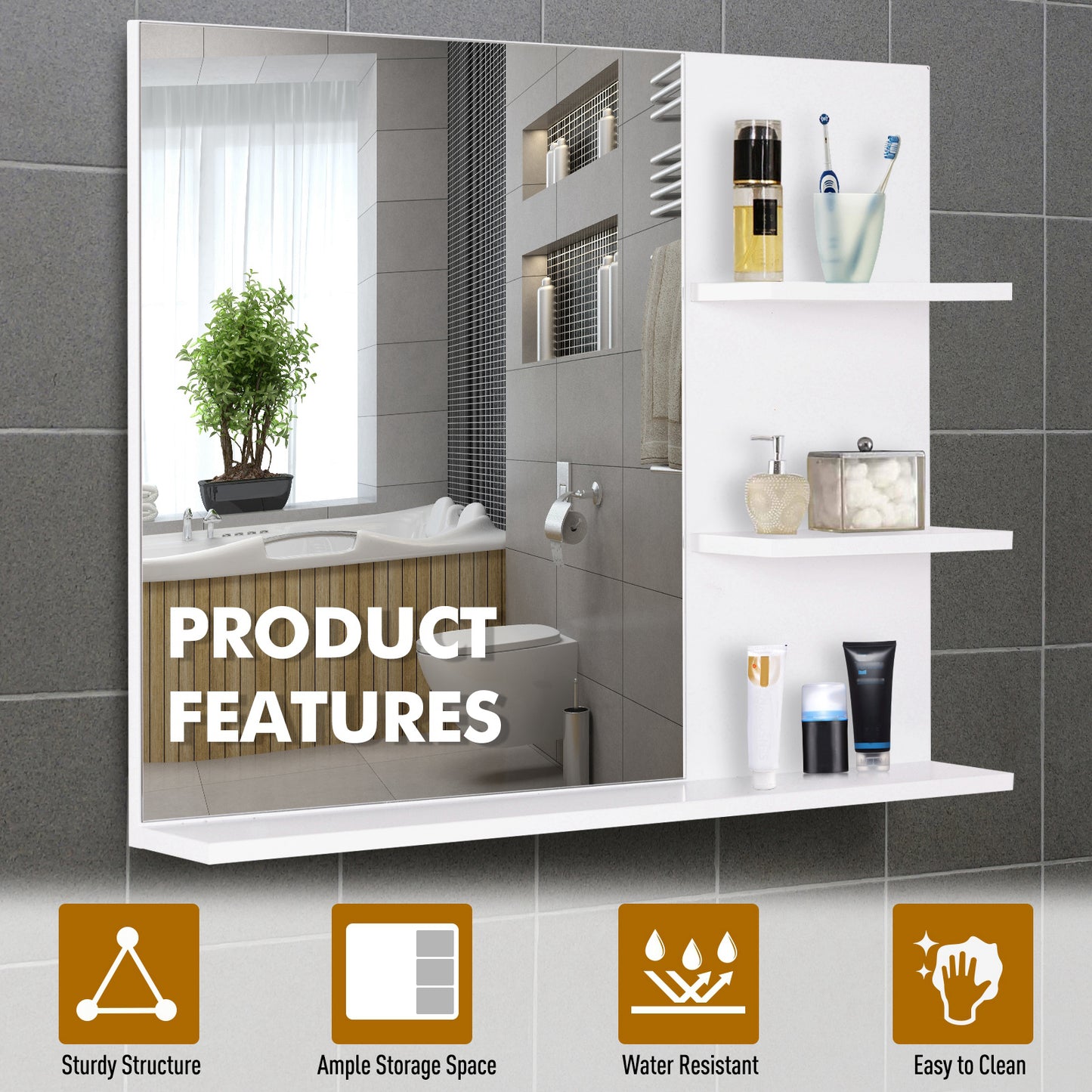Bathroom Mirror Wall Mount Vanity Mirror with 3 Storage Shelves, White