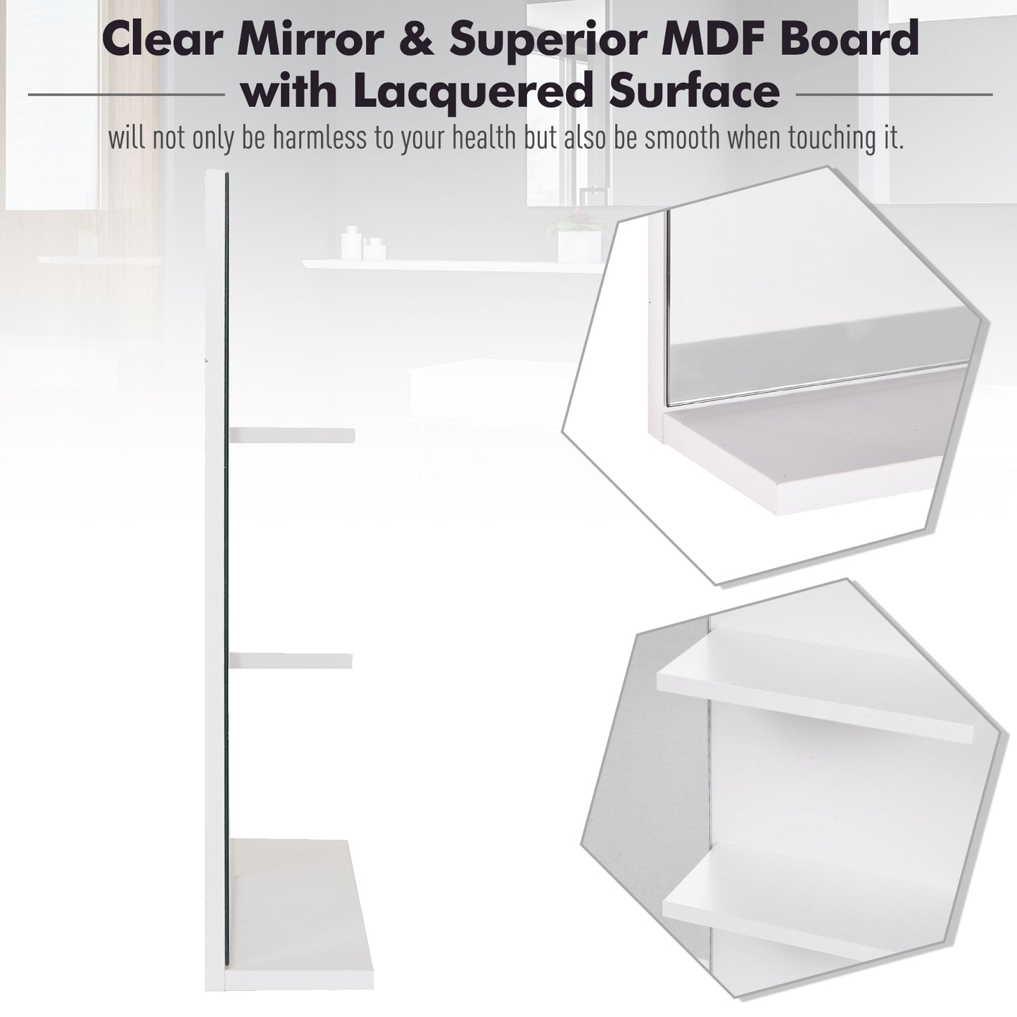 Bathroom Mirror Wall Mount Vanity Mirror with 3 Storage Shelves, White