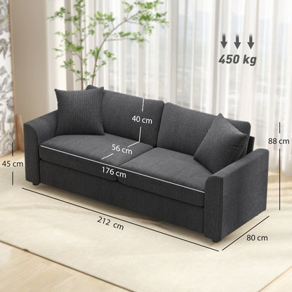 Modern 3 Seater Sofa with Spring Cushion, Upholstered Corduroy Settee for Living Room, Grey