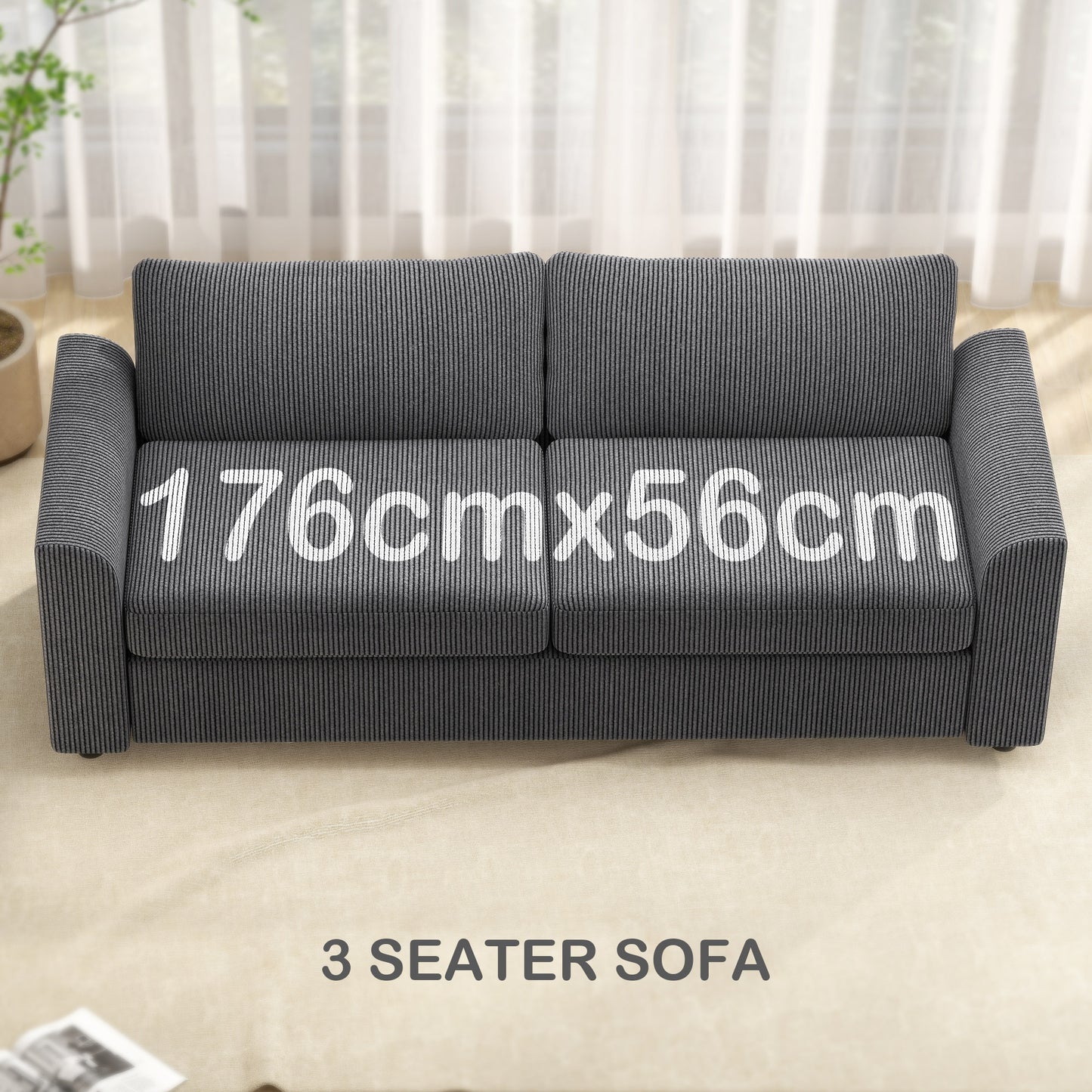 Modern 3 Seater Sofa with Spring Cushion, Upholstered Corduroy Settee for Living Room, Grey