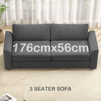 Modern 3 Seater Sofa with Spring Cushion, Upholstered Corduroy Settee for Living Room, Grey