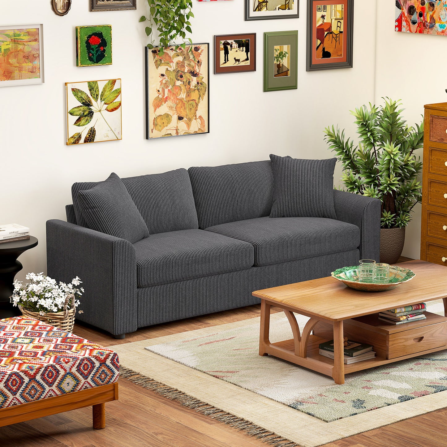Modern 3 Seater Sofa with Spring Cushion, Upholstered Corduroy Settee for Living Room, Grey