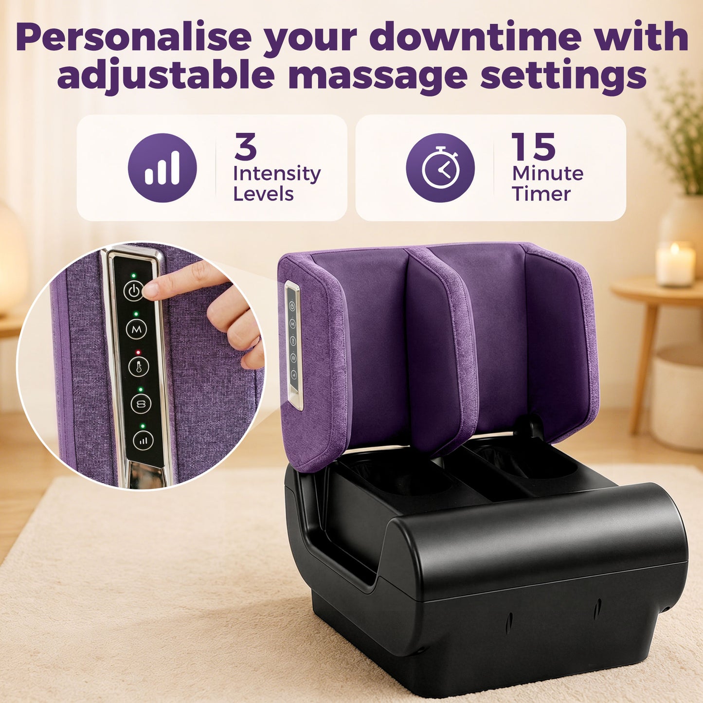 Foot and Calf Massager, 2 in 1 Foot Massager Machine & Ottoman with Shiatsu Foot with Heat, Air Compression, Timer, 3 Modes & Intensities for Feet, Ankle, Leg, Purple and Black