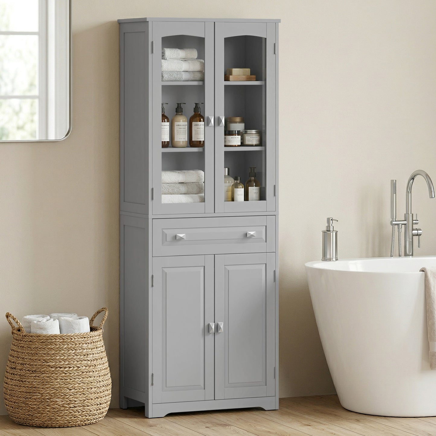 Kitchen Cupboard Storage Cabinet Adjustable Shelves, Glass Door, Grey