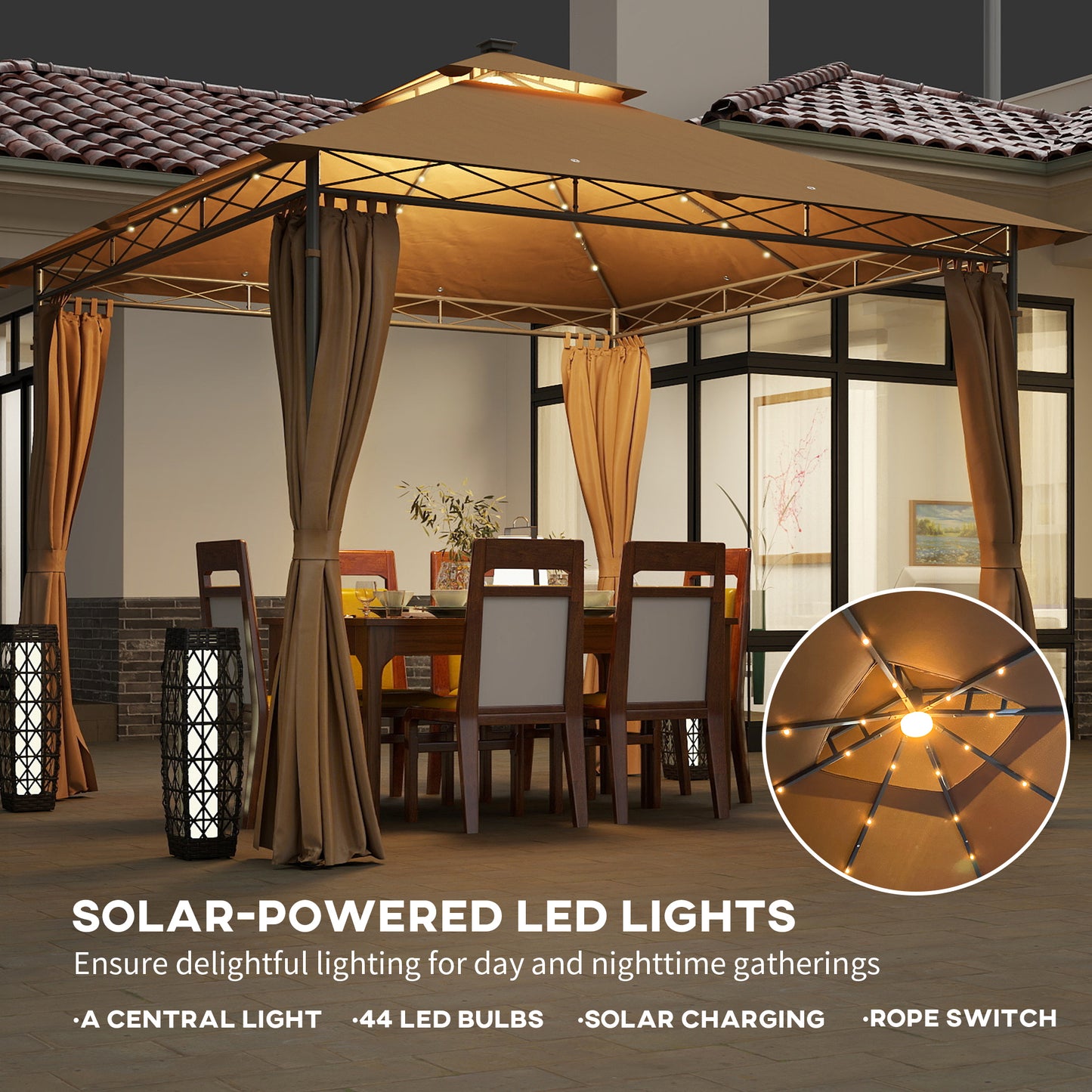 3 x 3 m Double Roof Outdoor Gazebo with Curtains, Brown