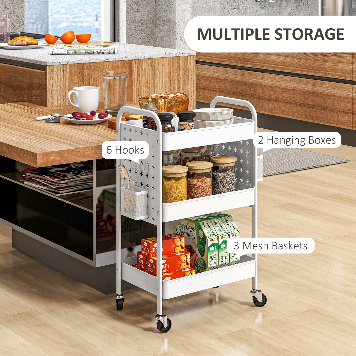 Rolling Utility Cart with 3 Mesh Basket, 2 Boxes, 6 Hooks for Kitchen