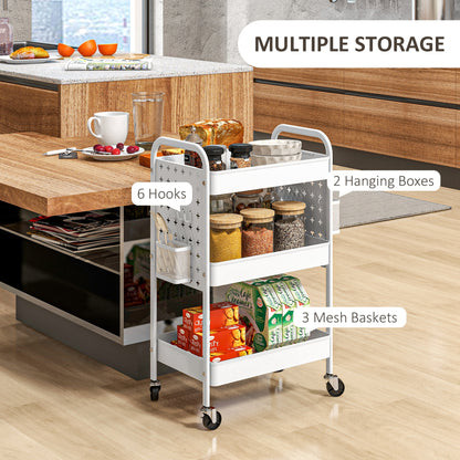 Rolling Utility Cart with 3 Mesh Basket, 2 Boxes, 6 Hooks for Kitchen