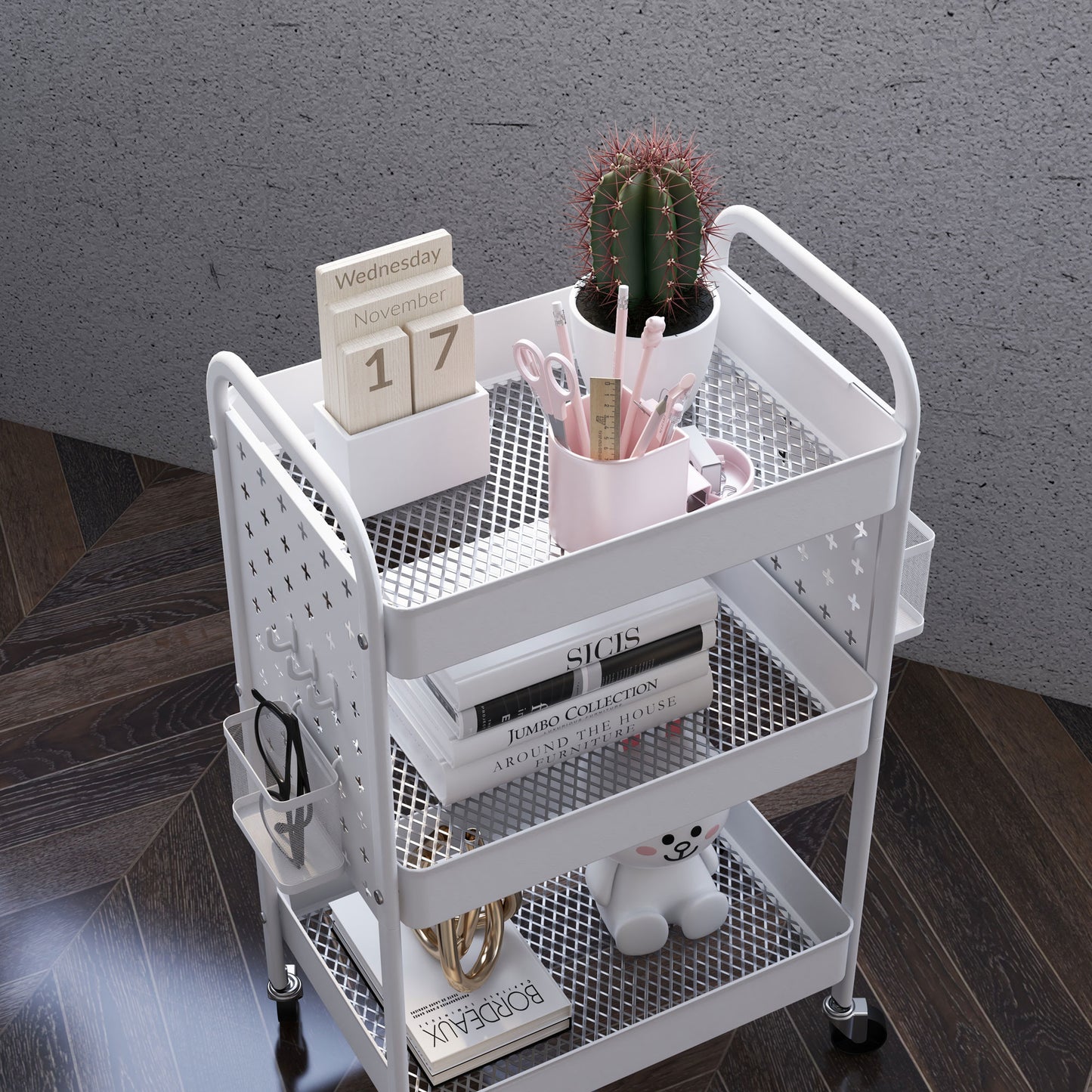 Rolling Utility Cart with 3 Mesh Basket, 2 Boxes, 6 Hooks for Kitchen