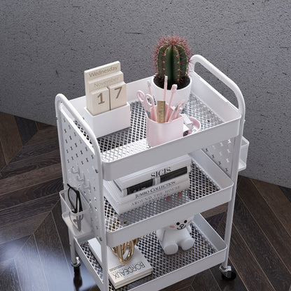 Rolling Utility Cart with 3 Mesh Basket, 2 Boxes, 6 Hooks for Kitchen