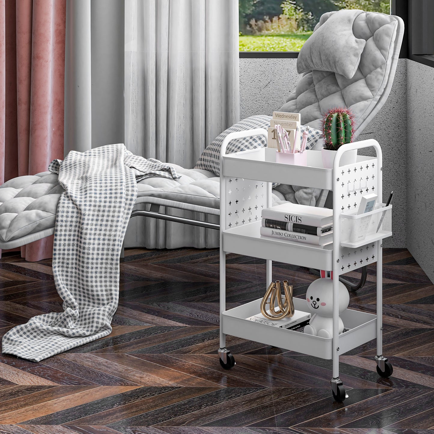 Rolling Utility Cart with 3 Mesh Basket, 2 Boxes, 6 Hooks for Kitchen