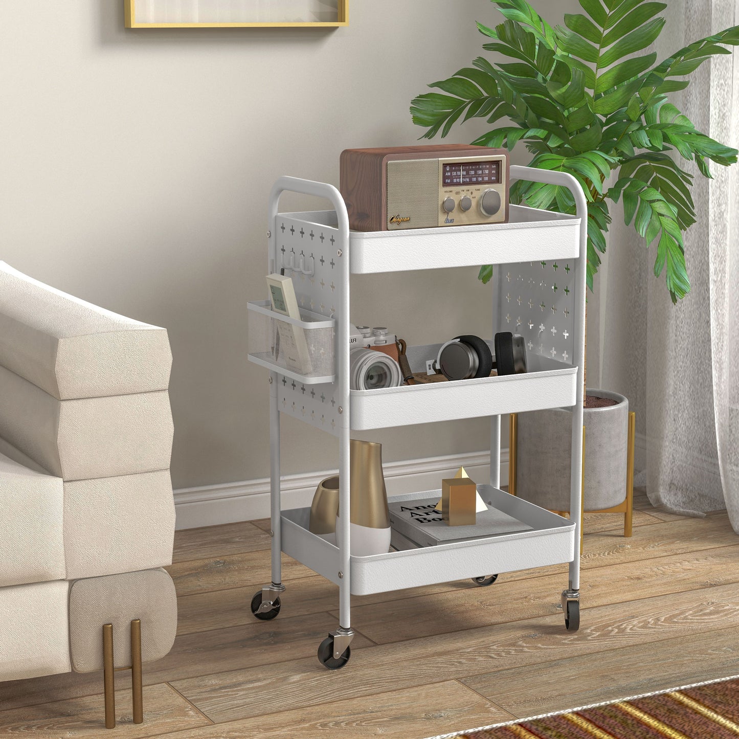 Rolling Utility Cart with 3 Mesh Basket, 2 Boxes, 6 Hooks for Kitchen