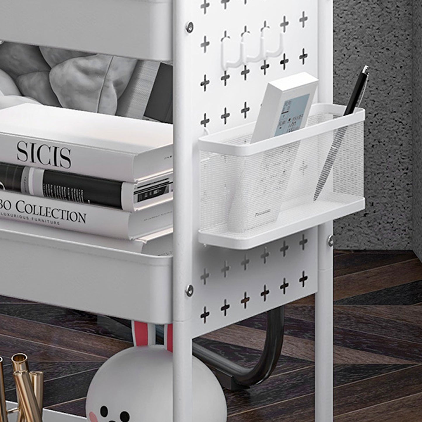 Rolling Utility Cart with 3 Mesh Basket, 2 Boxes, 6 Hooks for Kitchen