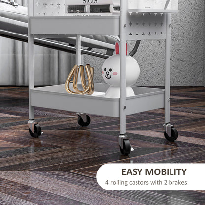 Rolling Utility Cart with 3 Mesh Basket, 2 Boxes, 6 Hooks for Kitchen