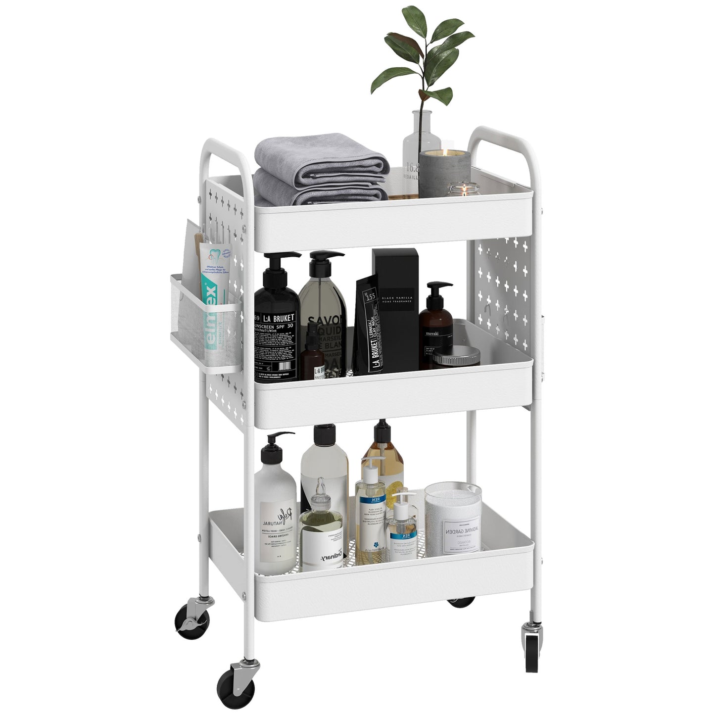 Rolling Utility Cart with 3 Mesh Basket, 2 Boxes, 6 Hooks for Kitchen