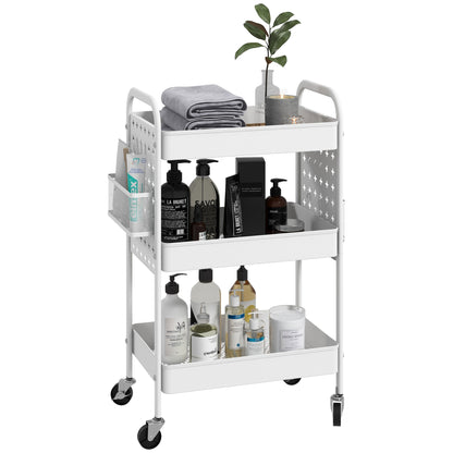 Rolling Utility Cart with 3 Mesh Basket, 2 Boxes, 6 Hooks for Kitchen