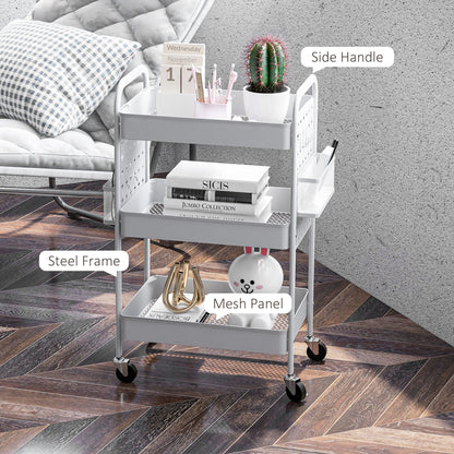 Rolling Utility Cart with 3 Mesh Basket, 2 Boxes, 6 Hooks for Kitchen