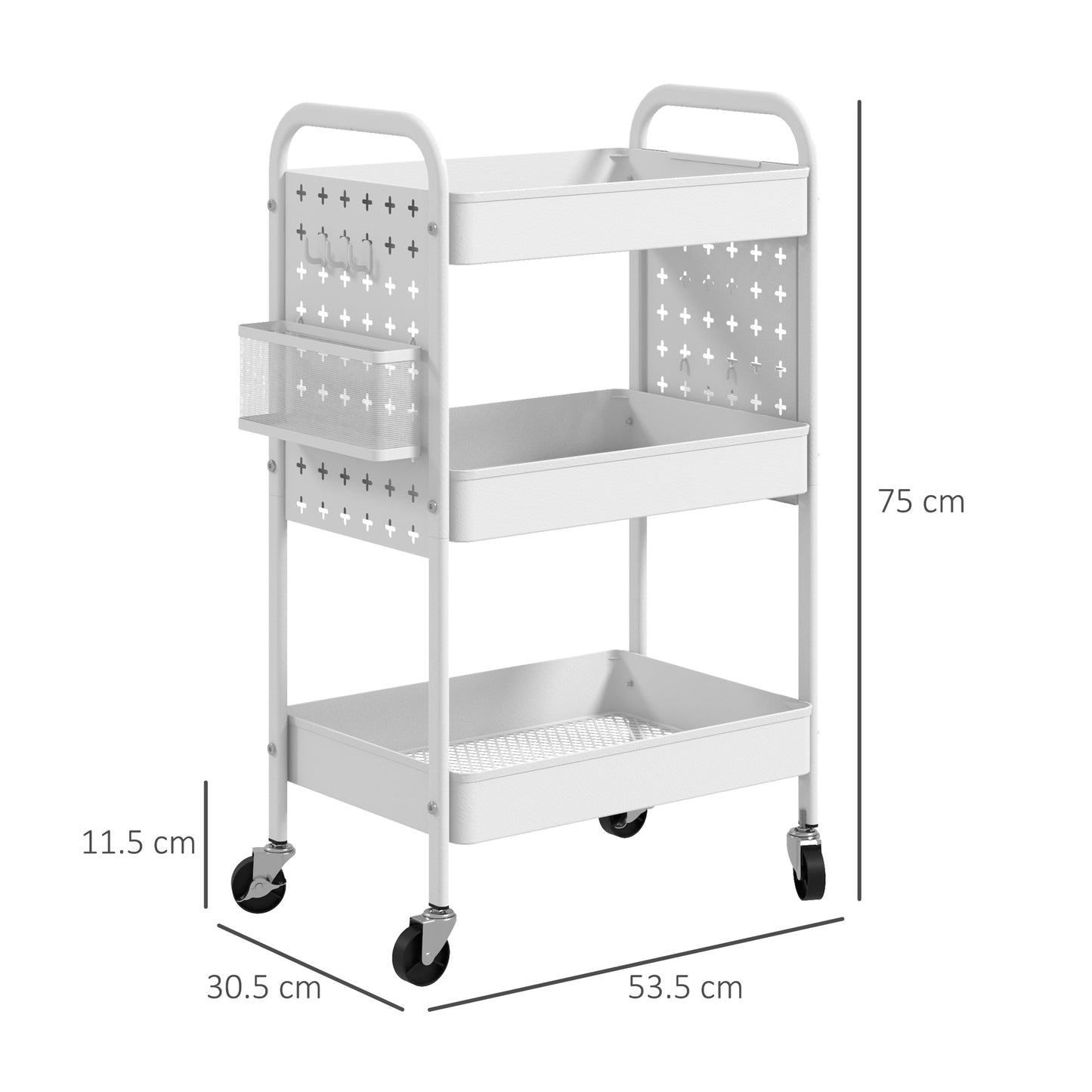 Rolling Utility Cart with 3 Mesh Basket, 2 Boxes, 6 Hooks for Kitchen
