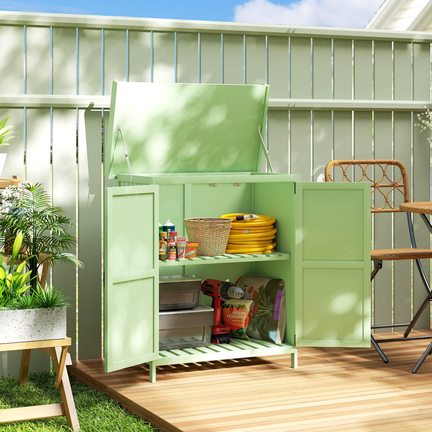 Wooden Garden Storage Shed w/Hinged Roof and Shelf, Light Green