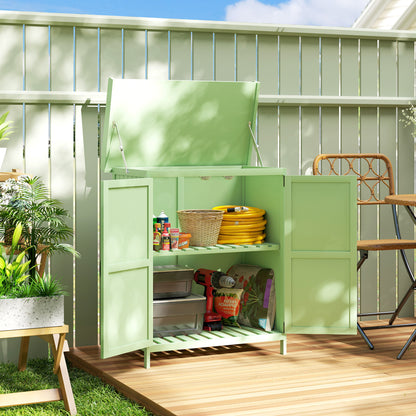 Wooden Garden Storage Shed w/Hinged Roof and Shelf, Light Green