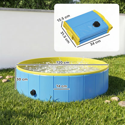 Foldable Dog Pool for Puppies and Ducks, Thickened PVC Dog Paddling Pool Bath Tub Hard Board, Anti-Slip Bottom and Hose Adapter for Easy Drainage, 120 x 30cm, Blue and Yellow