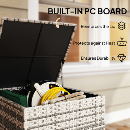 253L Garden Storage Box, Rattan Deck Box with Liner, Mixed Grey