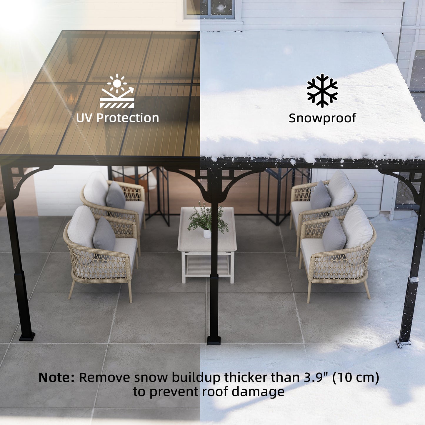 4 x 3 m Metal Lean-to Hardtop Gazebo, Wall-Mounted Pergola