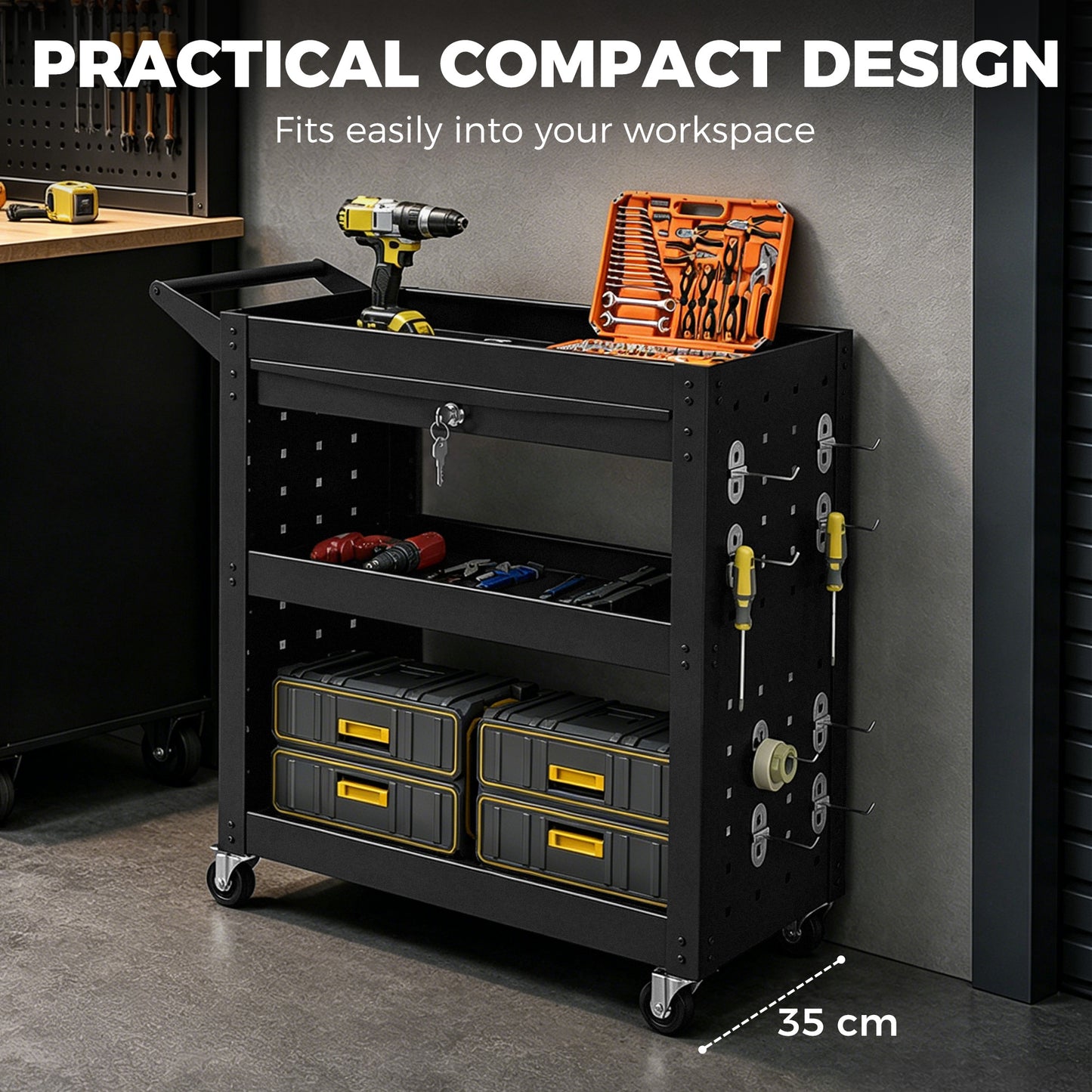 3-Tier Shelf Tool Cart with Pegboards and Drawer, Storage Trolley Wheel Cart with Brakes for Garage Workshop Warehouse, Black