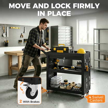 3-Tier Shelf Tool Cart with Pegboards and Drawer, Storage Trolley Wheel Cart with Brakes for Garage Workshop Warehouse, Black