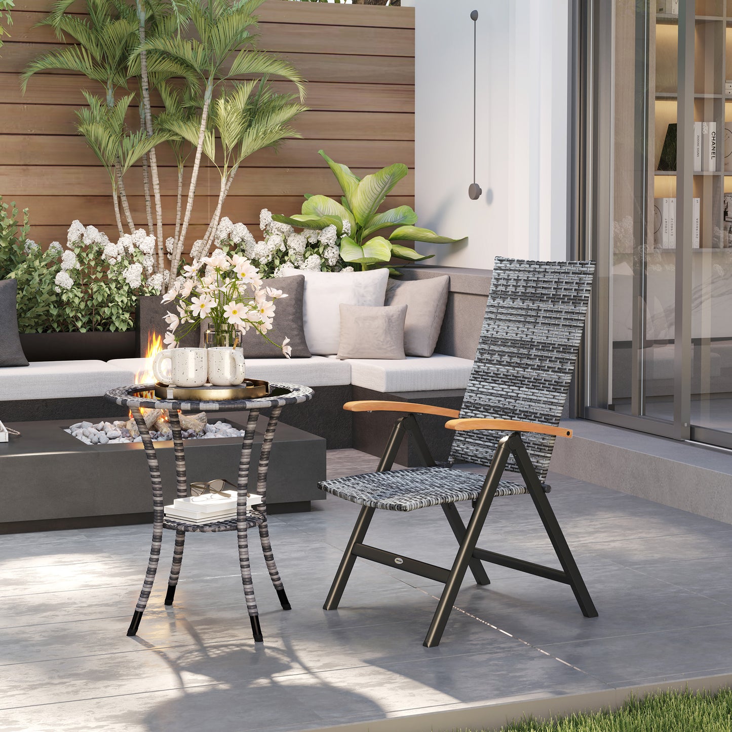 Outdoor Folding Rattan Chair, Dining Chair, Light Grey