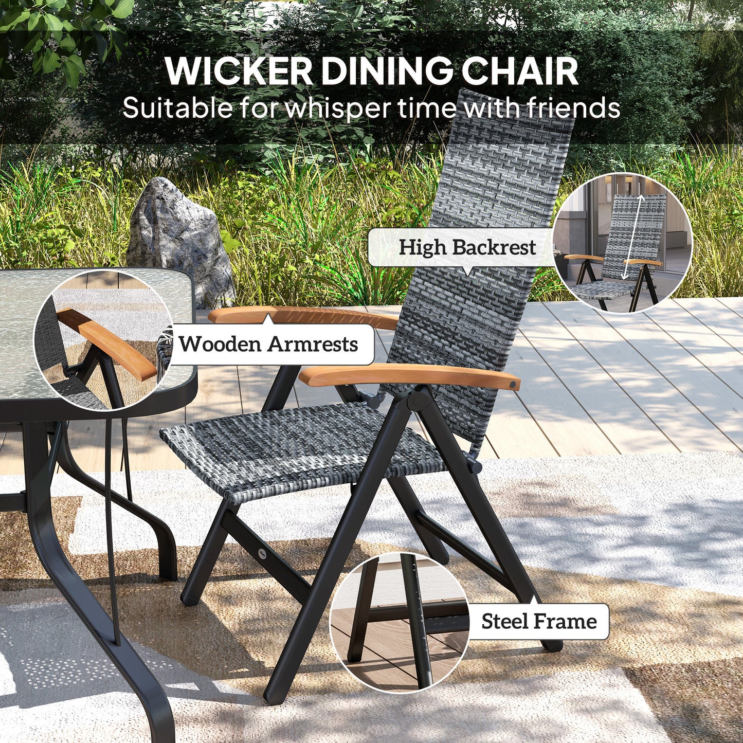 Outdoor Folding Rattan Chair, Dining Chair, Light Grey