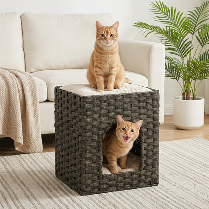 2-Tier Wicker Cat House, Handwoven Rattan Cat Bed with Washable Cushions, Indoor Kitten Condo Hideaway, 43 x 40 x 49 cm, Grey