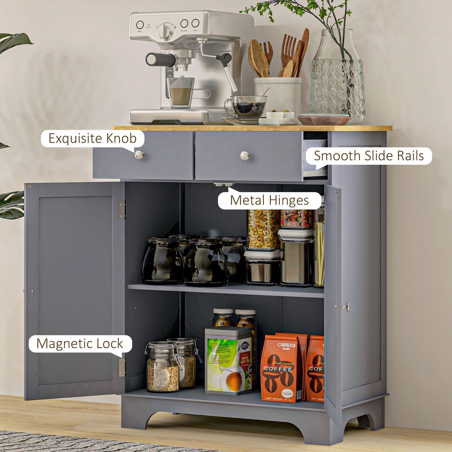 Kitchen Floor Cabinet Side Storage Cupboard Multi-Use Sideboard Table with Solid Wood Top, Adjustable Shelf, Drawer for Dining Room, Living Room, Hallway, Grey