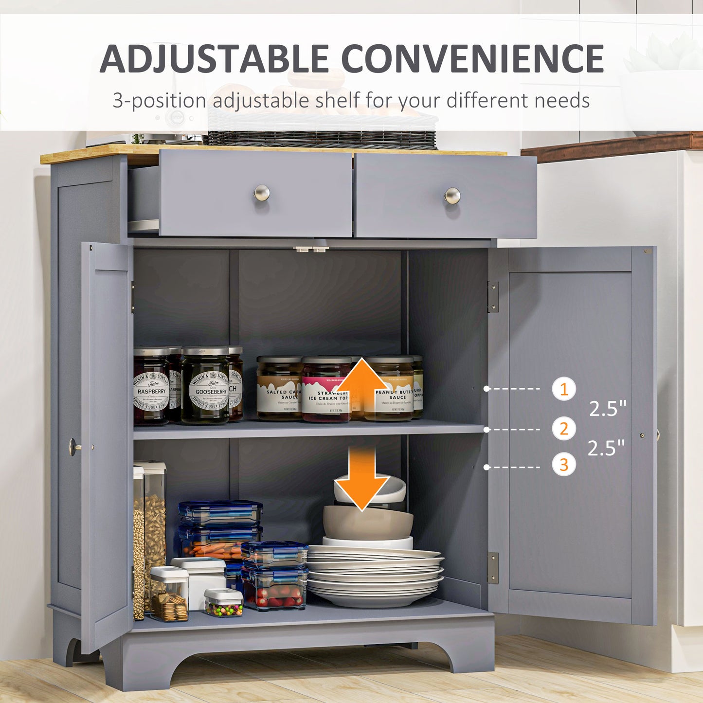 Kitchen Floor Cabinet Side Storage Cupboard Multi-Use Sideboard Table with Solid Wood Top, Adjustable Shelf, Drawer for Dining Room, Living Room, Hallway, Grey